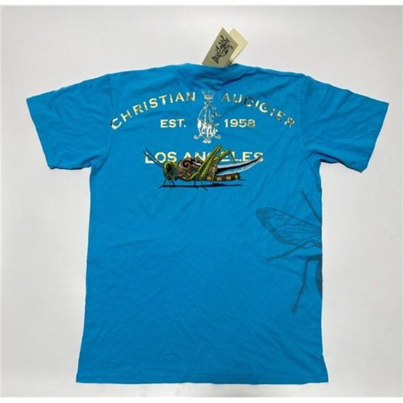 RARE Y2K Authentic Christian Audigier Vintage Men's V-Neck T-shirt Grasshopper L - Picture 1 of 3